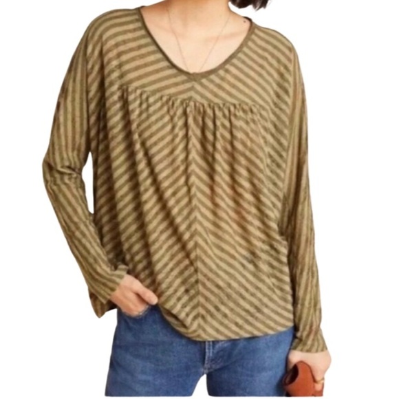 NWT ANTHROPOLOGIE Pilar Army Olive Green Striped Top Size Small - Picture 1 of 10